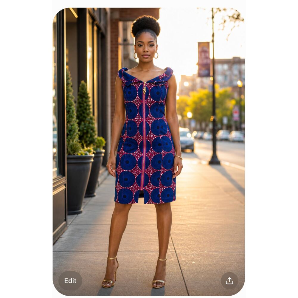 Ankara African Wax Print Front Zipper Dress Lined Pink Gold Pull Size 8 EUC